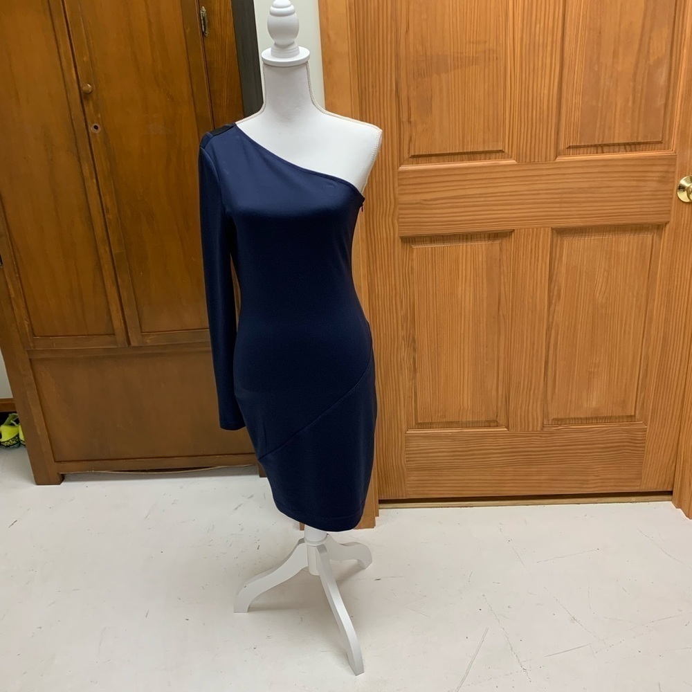 Rachel Roy one shoulder cocktail midi dress navy w/black mesh panel size 8 prom